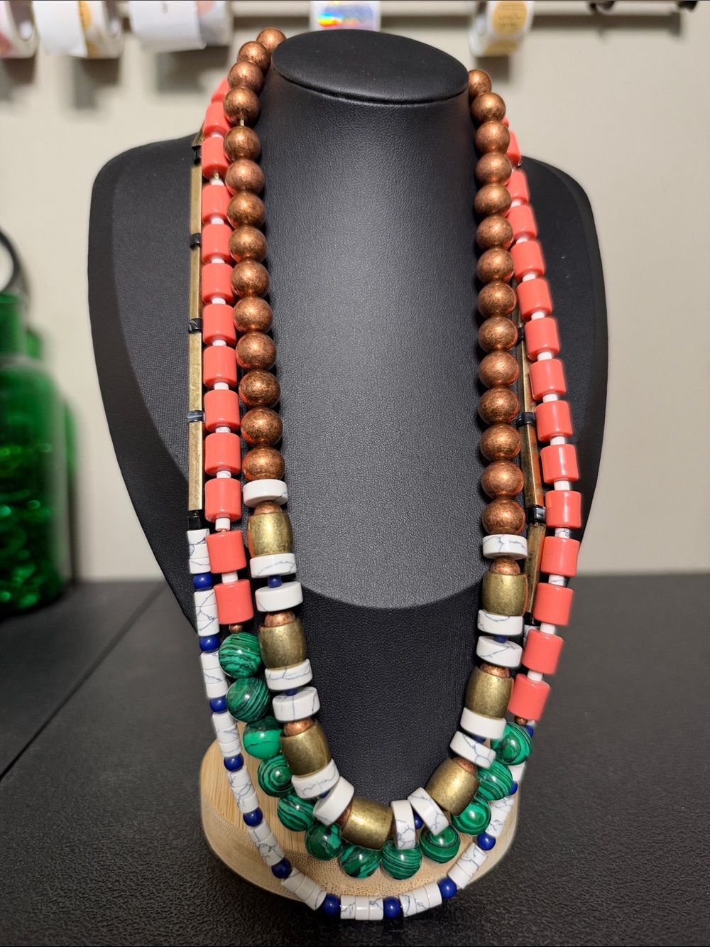 NWT Multi-Strand Coral, Green & Gold Beaded Statement Necklace Boho